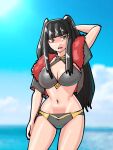  arm_up bikini black_bikini black_hair blush breasts cleavage fire_emblem fire_emblem_awakening fire_emblem_heroes highres hime_cut jacket laevatein_(fire_emblem) large_breasts long_hair mnejing30 swimsuit tharja_(fire_emblem) thin_waist twintails wet 