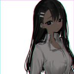  1girl :/ black_eyes black_hair bright_pupils chromatic_aberration closed_mouth collared_shirt dark-skinned_female dark_skin dress_shirt earclip hair_ornament hairclip highres ijiranaide_nagatoro-san long_hair looking_at_viewer nagatoro_hayase narue shirt simple_background solo upper_body white_background white_pupils wing_collar 