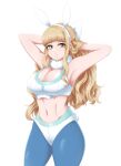  absurdres animal_ears armpits arms_up blonde_hair blue_legwear breasts charlotte_(fire_emblem) cleavage curly_hair fire_emblem fire_emblem_fates fire_emblem_heroes green_eyes hair_ornament hands_in_hair highres hime_cut large_breasts long_hair midriff playboy_bunny rabbit_ears rabbit_tail ribbon seityr tail white_ribbon 
