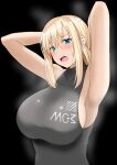  1girl aizawa_u-ji armpits arms_behind_head arms_up bangs black_background black_shirt blonde_hair blue_eyes blush breasts character_name eyebrows_visible_through_hair girls&#039;_frontline highres huge_breasts looking_at_viewer mg3_(girls&#039;_frontline) mod3_(girls&#039;_frontline) open_mouth shirt sideboob sidelocks sleeveless sleeveless_shirt solo sweatdrop upper_body 