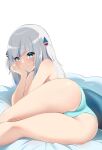  1girl absurdres ass bare_legs blue_eyes blue_hair blue_panties blush closed_mouth eyebrows_visible_through_hair feet_out_of_frame fish_tail gawr_gura grey_hair hair_ornament head_rest highres hololive hololive_english legs_together long_hair looking_at_viewer lying multicolored_hair on_side panties shark_hair_ornament shark_tail short_twintails simple_background smirk solo streaked_hair tail thighs topless twintails two-tone_hair two_side_up underwear virtual_youtuber white_background yuyu5x 