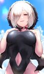  1girl bare_arms bare_shoulders black_eyes black_swimsuit breasts cape choker clothing_cutout cowboy_shot fang hair_over_one_eye hands_on_own_chest hands_up highleg highleg_swimsuit highres hood hooded_cape large_breasts navel navel_cutout one-piece_swimsuit open_mouth red_choker shadowverse shingeki_no_bahamut short_hair smile solo swimsuit white_hair wizardess_of_oz yamato_(muchuu_paradigm) 