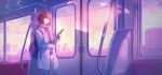  1girl azmodan backpack bag brown_hair coat commentary_request door hair_ornament hairclip highres higuchi_madoka holding holding_phone hood hoodie idolmaster idolmaster_shiny_colors looking_outside mole mole_under_eye phone purple_eyes short_hair sleeves_past_wrists train_interior window 