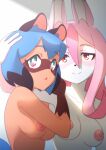  2021 anthro areola black_hair blue_hair brand_new_animal breasts brown_body brown_fur canid canine duo female female/female fox fur hair hi_res kemono looking_at_viewer mammal michiru_kagemori multicolored_body multicolored_fur multicolored_hair nazuna_hiwatashi nipples nude pink_body pink_fur pink_hair raccoon_dog studio_trigger tan_body tan_fur tanquito tanuki white_body white_fur 