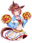 1girl animal_ears belt blush breasts brown_eyes cheerleader commentary_request highres horse_ears horse_girl horse_tail jacket looking_at_viewer medium_hair midriff navel nice_nature_(run&amp;win)_(umamusume) nice_nature_(umamusume) open_mouth pom_pom_(cheerleading) red_hair simple_background tail umamusume white_background yuanagae 
