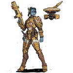  1girl alien armor black_hair blue_skin colored_skin dagger drone energy_gun full_body gun highres ho-uja holding holding_gun holding_weapon knife laser_rifle long_hair open_mouth ponytail red_eyes shadow simple_background standing tau warhammer_40k weapon white_background 