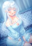  1girl bangs bare_shoulders bed blue_eyes blue_hair blush breasts character_request cleavage cleavage_cutout clothing_cutout collarbone commission copyright_request curtains frills furrowed_brow grey_hair highres indoors itsuki_jun looking_at_viewer medium_breasts medium_hair midriff open_mouth skeb_commission sleepwear smile straight_hair white_hair 
