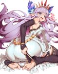  1girl :d absurdres armpits ass bare_shoulders barefoot belly_chain black_legwear blue_eyes crystal detached_sleeves dress english_text feet gem granblue_fantasy highres jewelry light_purple_hair lily_(granblue_fantasy) long_hair long_pointy_ears looking_back penguru_086 pointy_ears simple_background sitting smile soles solo strapless strapless_dress thighhighs tiara toeless_legwear toes very_long_hair wariza white_background 