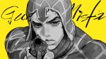  angry arrow_(symbol) black_hair greyscale guido_mista gun gun_pointing_at_viewer hat highres holding holding_gun holding_weapon jojo_no_kimyou_na_bouken monochrome qmeng simple_background vento_aureo weapon yellow_background 