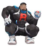  absurdres bara cliff_(pokemon) evil_smile gloves highres maldu_(chokeylover) muscular muscular_male poke_ball skin_tight smile squatting tan team_rocket thick_thighs thighs white_gloves 