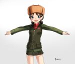  1girl :d artist_name black_skirt black_vest blue_eyes brown_hair brown_headwear commentary_request cowboy_shot dnjd15411541 fur_hat girls_und_panzer green_jacket hat highres insignia jacket korean_commentary long_sleeves low_twintails nina_(girls_und_panzer) outstretched_arms pleated_skirt pravda_military_uniform red_shirt shirt short_hair short_twintails simple_background skirt smile solo turtleneck twintails ushanka vest white_background 