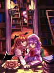  4girls :d absurdres annoyed bagel bangs bat_wings blunt_bangs book book_stack bookshelf chair crescent dos5 eye_contact fangs fire flandre_scarlet hat head_wings heart heart-shaped_pupils highres holding indoors koakuma library light long_hair long_sleeves looking_at_another multiple_girls open_mouth patchouli_knowledge peeking_out profile purple_eyes purple_hair red_hair remilia_scarlet sitting smile symbol-shaped_pupils table touhou v-shaped_eyebrows vest voile wings yuri 