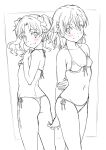  2girls arms_behind_back ass bikini breasts cowboy_shot from_behind hair_ornament hairclip hands_on_own_chest isshi_pyuma lineart long_hair looking_at_viewer misaka_mikoto monochrome multiple_girls shirai_kuroko short_hair side-tie_bikini small_breasts swimsuit thong_bikini toaru_kagaku_no_railgun toaru_majutsu_no_index twintails 