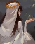  1girl absurdres brown_hair closed_eyes closed_mouth crown dress from_behind hand_up highres leaves_in_wind long_hair long_sleeves original solo veil vergil_mon white_dress 