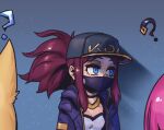  3girls ? ahri_(league_of_legends) akali black_choker blonde_hair blue_eyes blue_jacket breasts choker cleavage evelynn_(league_of_legends) from_behind gradient gradient_background jacket k/da_(league_of_legends) k/da_ahri k/da_akali k/da_evelynn league_of_legends long_hair mask medium_breasts mouth_mask multiple_girls open_clothes open_jacket phantom_ix_row pink_hair ponytail red_hair shiny shiny_hair shirt solo_focus white_shirt 