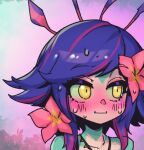  1girl :i bangs blue_hair blush collarbone colored_skin flower green_skin hair_flower hair_ornament league_of_legends medium_hair multicolored_hair neeko_(league_of_legends) outdoors phantom_ix_row pink_flower plant red_hair shiny shiny_hair solo sweat sweating_profusely symbol-only_commentary two-tone_hair yellow_eyes 