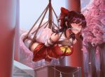  1girl absurdres arms_behind_back ascot bare_shoulders bdsm blush bondage bound bound_arms bound_legs bow breasts brown_hair cherry_blossoms detached_sleeves frills gag gagged hair_bow hair_tubes hakurei_reimu highres lanse_dai_mao long_hair looking_at_viewer petals red_bow red_skirt rope shibari shibari_over_clothes skirt skirt_set solo stairs suspension toes touhou white_legwear 