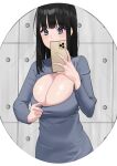  1girl absurdres bangs black_hair blue_eyes blue_sweater blunt_bangs breasts cellphone cleavage clothes_pull fffukuzawa hand_up heart heart_in_eye highres holding holding_phone large_breasts long_hair looking_at_phone original phone pulled_by_self selfie shirt_pull smartphone solo sweater symbol-only_commentary symbol_in_eye upper_body 