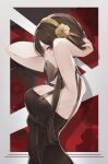  1girl arms_up black_dress black_hair border braid braided_bun breasts closed_mouth dress flower from_side gold_hairband hair_flower hair_ornament highres large_breasts long_hair looking_at_viewer looking_to_the_side marumoru profile red_eyes rose sidelocks solo spikes spy_x_family taut_clothes taut_dress upper_body white_border yor_briar 