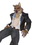  2022 abs absurd_res anthro belt bottomwear canid canine canis claws clothed clothing dreamworks eyebrows fur hi_res jacket looking_at_viewer male mammal mr._wolf_(the_bad_guys) muscular muscular_anthro muscular_male navel necktie open_clothing open_jacket open_shirt open_topwear pants pecs seatohao shirt simple_background sitting smile solo suit teeth the_bad_guys topwear tuft white_background wolf 