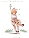  1girl animal_ear_fluff animal_ears blonde_hair bow bowtie cat_ears cat_girl cat_tail elbow_gloves gloves kemono_friends looking_at_viewer nyororiso_(muyaa) orange_bow serval_(kemono_friends) serval_print shirt short_hair skirt smile solo tail 