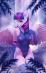  2022 anthro armwear clothing digital_media_(artwork) dinoalpaka equid equine eyebrows feathered_wings feathers female friendship_is_magic hasbro hi_res horn legwear looking_at_viewer mammal my_little_pony outside purple_body purple_eyes purple_feathers solo twilight_sparkle_(mlp) winged_unicorn wings 