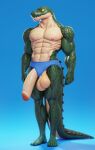  abs alligator alligatorid anthro balls big_balls big_penis blue_background clothed clothing connivingrat crocodilian genitals green_body helm_(connivingrat) hi_res humanoid_genitalia humanoid_penis male muscular muscular_male partially_clothed penis reptile scalie sharp_teeth simple_background solo speedo swimwear teeth topless useless_clothing wardrobe_malfunction yellow_sclera 