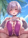  1boy 1girl :d absurdres azur_lane bangs bar_censor bikini black_choker blue_sky blurry blurry_background blush breast_squeeze breasts censored choker cloud commission ear_piercing eyebrows_visible_through_hair hair_between_eyes hetero highres large_breasts light_purple_hair male_pubic_hair off-shoulder_shirt off_shoulder open_mouth outdoors paizuri palm_tree penis piercing pov pov_crotch pubic_hair purple_eyes purple_hair reno_(azur_lane) reno_(summer_spin-off)_(azur_lane) satou_aji shirt short_hair skeb_commission sky smile solo_focus swimsuit tree wet 