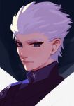  1boy blue_eyes closed_mouth devil_may_cry_(series) hair_slicked_back highres jacket looking_at_viewer male_focus portrait purple_hair purple_jacket short_hair solo vergil_(devil_may_cry) vergil_mon 