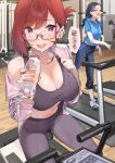  2girls 92m blue_hair bottle breasts check_translation cleavage commentary_request dateko glasses highres holding holding_bottle kinshi_no_ane large_breasts looking_at_viewer multiple_girls open_mouth original pants pink-framed_eyewear playing_sports red_eyes red_hair short_hair sitting smile speech_bubble sports_bra translation_request walking yoga_pants 