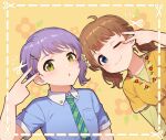  2girls :o ahoge asymmetrical_bangs bangs blue_eyes blue_shirt brown_hair checkered_necktie dot_nose dress english_commentary eyebrows flat_chest floral_background floral_print flower green_necktie hair_flower hair_ornament hairclip hand_up idolmaster idolmaster_million_live! idolmaster_million_live!_theater_days kamille_(vcx68) light_blush looking_at_viewer low_twintails makabe_mizuki multiple_girls necktie official_alternate_hairstyle one_eye_closed orange_background print_dress purple_hair scissors shirt short_hair short_sleeves short_twintails smile suou_momoko twintails upper_body v wing_collar yellow_dress yellow_eyes 