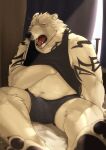  2022 anthro bed bulge clothed clothing erection erection_under_clothing eyes_closed fur furniture hi_res kemono kotori male mammal morning_wood open_mouth overweight overweight_male polar_bear shirt sitting solo tattoo topwear underwear ursid ursine white_body white_fur yawn 