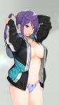  1girl adjusting_hair arms_up bangs black_jacket blue_eyes blue_panties breasts character_request commentary_request copyright_request cowboy_shot hood hooded_jacket iizuki_tasuku jacket large_breasts long_hair mouth_hold multicolored_clothes multicolored_jacket navel no_bra no_pants no_shirt open_clothes open_jacket panties ponytail purple_hair sidelocks solo stomach thighs underwear 
