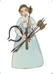  1girl arrow_(projectile) blue_dress blue_eyes bow_(weapon) brown_hair dress hanbok head_tilt heterochromia highres holding holding_arrow korean_clothes long_dress looking_at_viewer mossacannibalis original parted_lips simple_background solo standing tassel weapon white_background yellow_eyes 