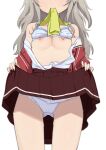  1girl bra bra_lift charlotte_(anime) clothes_lift flat_chest grey_hair head_out_of_frame highres hoshinoumi_academy_uniform long_hair morisobo mouth_hold nipples open_clothes panties ribbon school_uniform serafuku simple_background skirt skirt_lift tomori_nao underwear white_background white_panties 