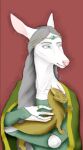  2015 ambiguous_gender anthro banfia cervid clothing crown dragon duo female feral grey_hair hair hi_res horn inspired_by_formal_art jewelry lady_with_an_ermine larger_anthro long_hair looking_aside mammal red_background ring simple_background size_difference smaller_ambiguous smaller_feral teal_eyes tiara white_body wingless_dragon yellow_body 