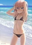  1girl armpits arms_up ass_visible_through_thighs beach bikini black_bikini blue_sky blush breasts closed_mouth cloud collarbone cowboy_shot day eyebrows_visible_through_hair flat_chest hair_between_eyes highres horizon inui_sajuna long_hair looking_at_viewer micro_bikini mu-pyon navel ocean outdoors pink_eyes pink_hair purple_eyes sky small_breasts solo sono_bisque_doll_wa_koi_wo_suru swimsuit twitter_username water wet 