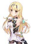  1girl absurdres bangs bare_shoulders black_legwear blonde_hair breasts chest_jewel dress earrings elbow_gloves gloves hand_on_hip hand_on_own_chest headpiece highres jewelry kaede_(maple4rt) large_breasts long_hair looking_at_viewer mythra_(massive_melee)_(xenoblade) mythra_(xenoblade) pantyhose short_dress solo super_smash_bros. swept_bangs thighs tiara white_dress white_gloves xenoblade_chronicles_(series) xenoblade_chronicles_2 yellow_eyes 