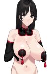  1girl absurdres bangs bare_shoulders black_hair black_pasties breast_hold breasts commentary_request detached_collar elbow_gloves eyebrows_visible_through_hair fffukuzawa frown gloves highres large_breasts long_hair looking_at_viewer navel original pasties simple_background solo tassel upper_body white_background 