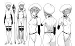  1girl ass back bare_shoulders belt blush breasts cameltoe cape choker covered_navel covered_nipples earrings elbow_gloves fingerless_gloves fumitan_(humitan) fur_trim gloves greyscale groin hair_over_one_eye hat high_heels highres jewelry leotard looking_at_viewer monochrome multiple_views original short_hair simple_background staff thigh_strap thighhighs white_background 