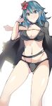  1girl ass_visible_through_thighs bangs bare_legs bikini black_cape black_swimsuit blue_hair breasts byleth_(fire_emblem) byleth_(fire_emblem)_(female) cape choker cleavage enpe eyebrows_visible_through_hair fire_emblem fire_emblem:_three_houses fire_emblem_heroes flower green_eyes hair_between_eyes hair_flower hair_ornament highres large_breasts long_hair looking_at_viewer navel simple_background solo stomach stretch swimsuit thighs white_background 