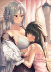  2girls absurdres banana_oekaki bangs bare_shoulders black_hair black_skirt blue_eyes blunt_bangs blush bra braid breasts character_request cleavage closed_mouth clothes_hanger collarbone dress eye_contact frilled_dress frills glasgow_smile grey_bra grey_hair hair_between_eyes hair_rings hand_on_another&#039;s_shoulder head_on_chest highres hug indoors large_breasts long_hair long_sleeves looking_at_another looking_up multicolored_hair multiple_girls off_shoulder open_clothes open_shirt pink_dress pink_hair pleated_skirt scar scar_on_face school_uniform serafuku shirt skirt sleeveless sleeveless_dress smile strap_slip streaked_hair twintails two-tone_hair underwear urasekai_picnic urumi_luna very_long_hair white_shirt 
