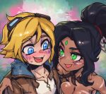  1boy 1girl :d arm_around_shoulder bangs black_hair blonde_hair blush breast_press breasts brown_jacket cleavage dark-skinned_female dark_skin ezreal forest fur_trim goggles goggles_on_head green_eyes jacket jewelry large_breasts league_of_legends long_hair looking_at_another nature necklace nidalee open_clothes open_jacket open_mouth outdoors phantom_ix_row ponytail shiny shiny_hair shirt short_hair smile teeth tooth_necklace upper_teeth white_shirt 