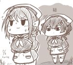  :3 apron bandana braid breasts chibi chougei_(kancolle) curse_(023) hair_flaps hair_ornament hair_rings hairclip headgear jingei_(kancolle) kantai_collection large_breasts long_hair low_ponytail monochrome neckerchief school_uniform sepia serafuku shawl sideways_glance thighhighs twin_braids waist_apron 