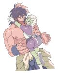  1boy 1girl absurdres ass black_hair broly_(dragon_ball_super) cheelai colored_skin dragon_ball dragon_ball_super dragon_ball_super_broly ekawa_kanako gloves green_skin highres hug pectorals pelt scar short_hair simple_background smile spiked_hair topless_male white_hair wristband 