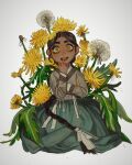  1girl :d black_hair flower flower_request freckles hanbok highres korean_clothes long_sleeves looking_at_viewer mossacannibalis open_mouth original ringed_eyes simple_background sitting smile solo teeth upper_teeth white_background yellow_eyes yellow_flower 