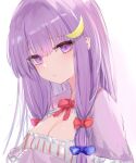  1girl :/ absurdres bangs blue_bow bow breasts cleavage crescent crescent_hair_ornament dress eyebrows_visible_through_hair hair_ornament head_tilt highres large_breasts long_hair looking_at_viewer lshiki no_hat no_headwear patchouli_knowledge purple_eyes purple_hair red_bow solo striped touhou upper_body white_background 