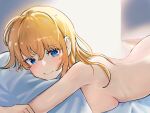  1girl back bangs bed_sheet blonde_hair blue_eyes blush breast_press breasts closed_mouth completely_nude eyebrows_visible_through_hair girls&#039;_frontline highres large_breasts long_hair looking_at_viewer lying mosin-nagant_(girls&#039;_frontline) nude object_hug on_bed on_stomach pillow pillow_hug smile solo solokitsune upper_body 