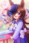  1girl :d blush bow bowler_hat brown_hair character_doll commentary crane_game flipped_hair hair_over_one_eye hand_on_glass happy haru_urara_(umamusume) hat highres horse_girl long_hair long_sleeves looking_at_viewer mihono_bourbon_(umamusume) open_mouth purple_eyes purple_headwear purple_sailor_collar purple_shirt purple_skirt rice_shower_(umamusume) ritaso sailor_collar school_uniform shirt skirt smile solo tail tail_through_clothes tracen_school_uniform twisted_torso umamusume white_bow winter_uniform 