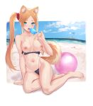  1girl absurdres animal_ears aqua_eyes areolae ball bangs barefoot beachball blush breasts breasts_out cleavage cloud covered_navel dog_ears dog_girl dog_tail english_commentary food fran_(gudanco_(nyanmeowzer)) full_body gris_swimsuit gudanco_(nyanmeowzer) hair_behind_ear highres holding holding_food island long_hair looking_at_viewer meme meme_attire nipples one-piece_swimsuit open_mouth original palm_tree parted_bangs popsicle side_ponytail sitting sky smile solo strapless strapless_swimsuit swimsuit tail thick_eyebrows toes tongue tongue_out tree yokozuwari 